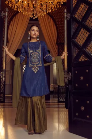 Royal Blue Embroidered kurta With Olive Green Sharara And Dupatta