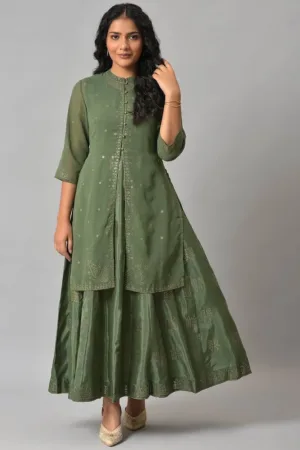 Dark Green Mukaish Georgette Jacket With Flared Sleeveless Dress