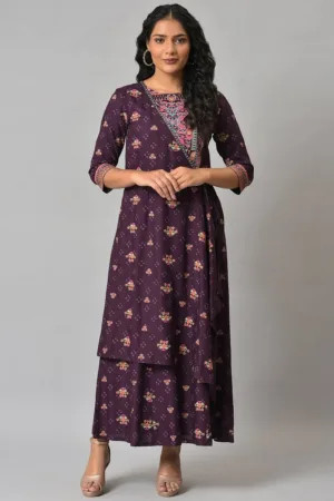 Dark Purple Printed Angrakha Jumpsuit