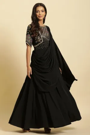 SK's Black Predrape Saree Dress With Multi-Coloured Embroidery