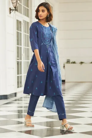 Navy Blue Floral Printed Round Neck kurta