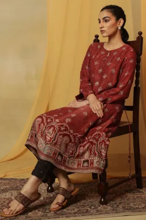 Brick Red Ajrakh Print Kurta In Lustrous Satin