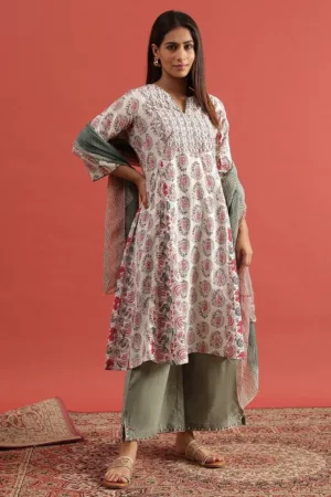 White Multi-Coloured Hand Block Print Flared Kurta