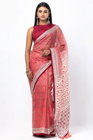Coral Printed and Embroidered Muslin Saree