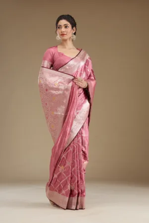 Onion Pink Zariwork Satin Saree