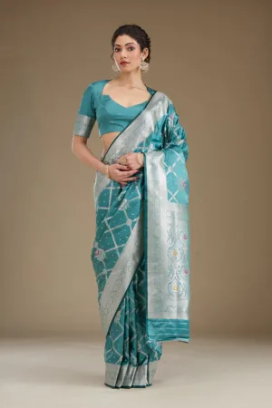 Peacock Blue Zariwork Satin Saree