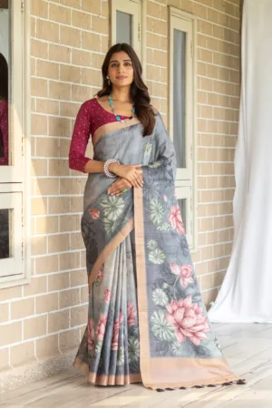 Grey Lotus Bloom Checks Saree