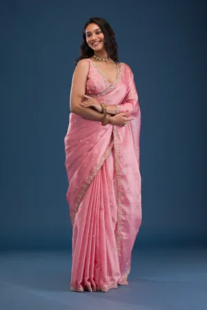 Baby Pink Pearlwork Tissue Saree