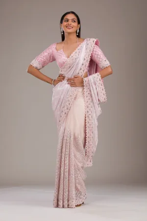 Baby Pink Sequins Semi Crepe Saree