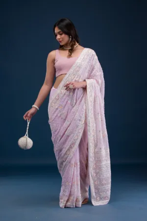 Baby Pink Threadwork Georgette Saree