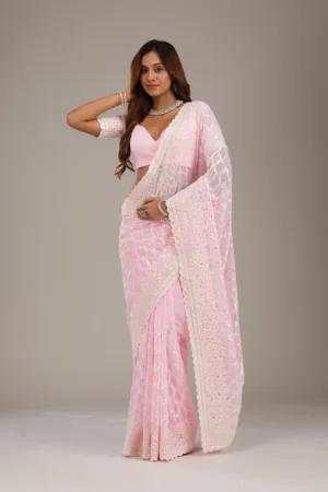 Baby Pink Threadwork Georgette Saree