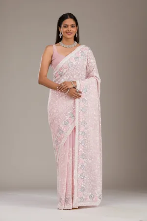 Baby Pink Threadwork Georgette Saree