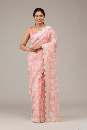 Baby Pink Threadwork Organza Saree