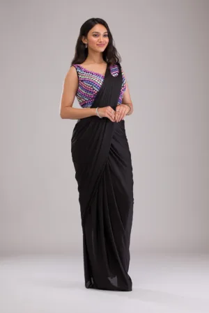 Black Threadwork Satin Readymade Saree