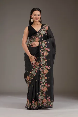 Black Threadwork Tissue Saree