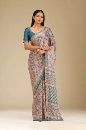 Blue Printed Satin Saree