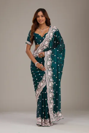 Bottle Green Sequins Semi Crepe Saree