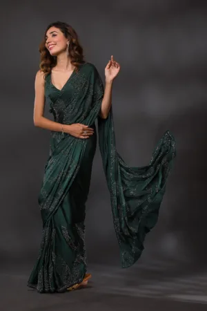 Bottle Green Swarovski Semi Crepe Designer Saree