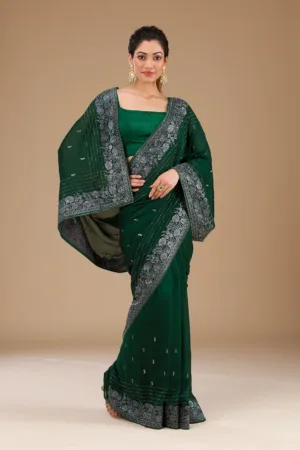 Bottle Green Threadwork Georgette Saree