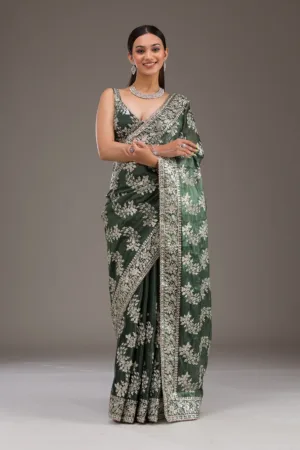 Bottle Green Threadwork Tissue Saree