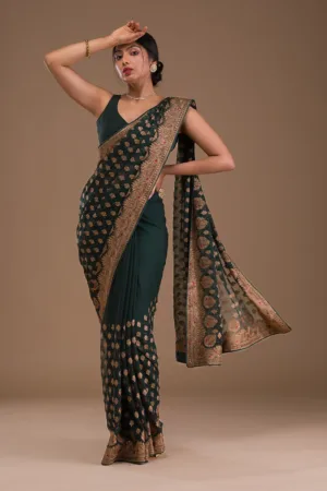 Bottle Green Zariwork Georgette Saree