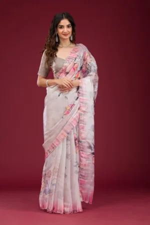 Cream Printed Tissue Saree