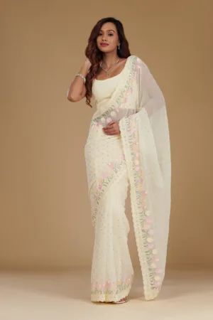 Cream Sequins Georgette Saree