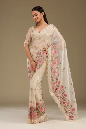 Cream Threadwork Tissue Saree