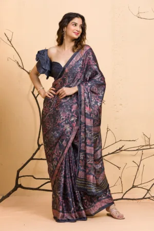 Dark Grey Floral Printed Semi Crepe Designer Saree