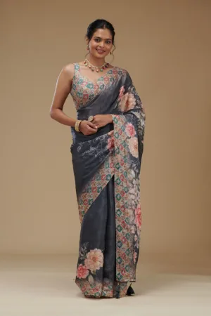 Grey Printed Tissue Saree