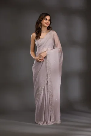 Grey Silver Stonework Tissue Saree