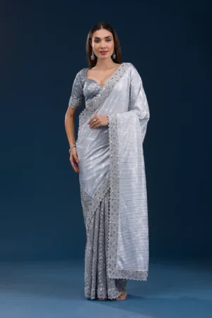 Grey Stonework Semi Crepe Saree