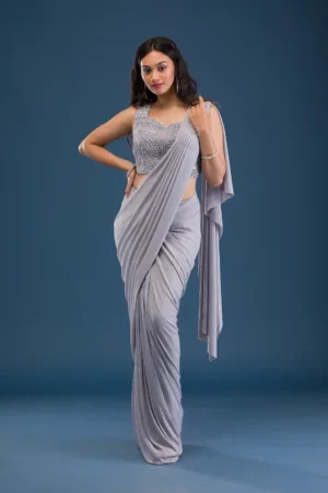 Grey Stonework Lycra Readymade Saree