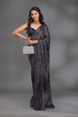 Grey Swarovski Satin Saree