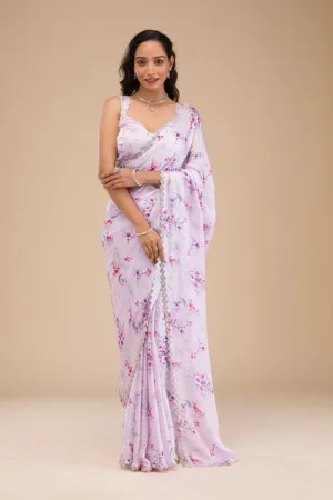 Lavender Print Satin Saree