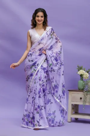 Lavender Floral Printed Organza Designer Saree