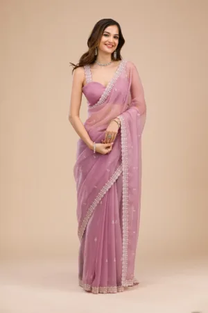 Lavender Silver Stonework Tissue Saree