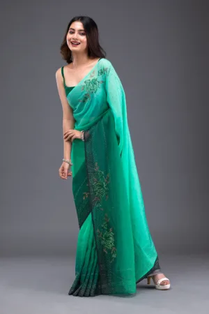 Leaf Green Swarovski Satin Saree