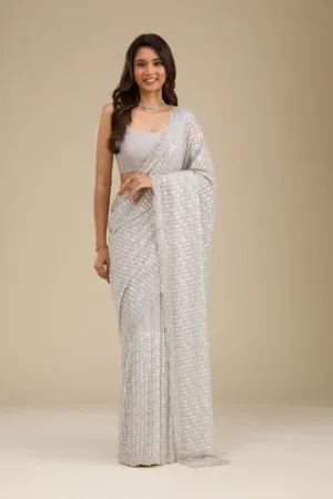 Light Grey Sequins Georgette Saree