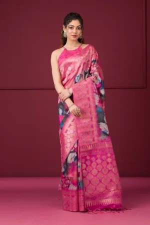 Magenta Pink Printed Art Silk Saree