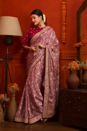 Maroon Printed Semi Crepe Saree