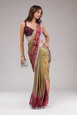 Maroon Printed Semi Crepe Saree