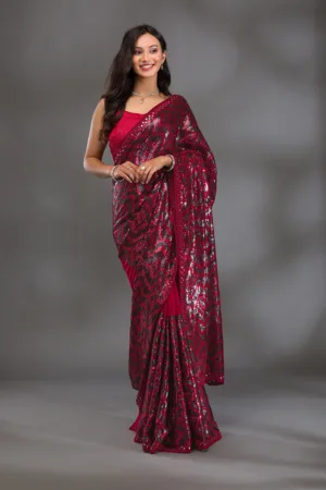 Maroon Sequins Georgette Saree