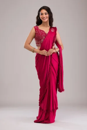 Maroon Stonework Lycra Readymade Saree