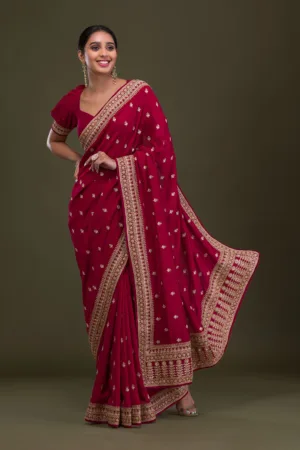Maroon Stonework Raw Silk Saree