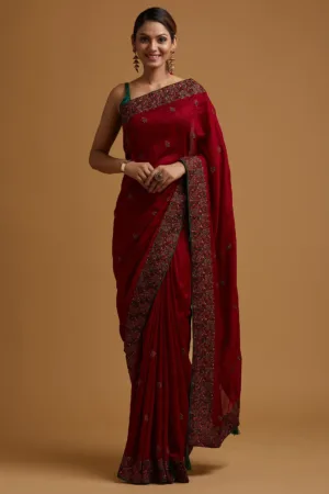 Maroon Threadwork Raw Silk Saree