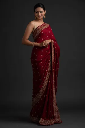 Maroon Zari Work Raw Silk Saree