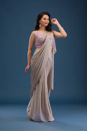 Mauve Threadwork Lycra Readymade Saree