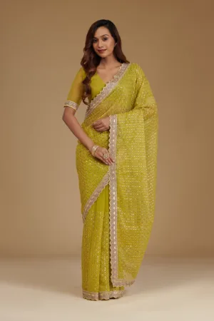 Mehendi Cutdana Chiffon Saree