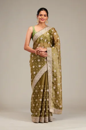 Mehendi Zariwork Tissue Saree